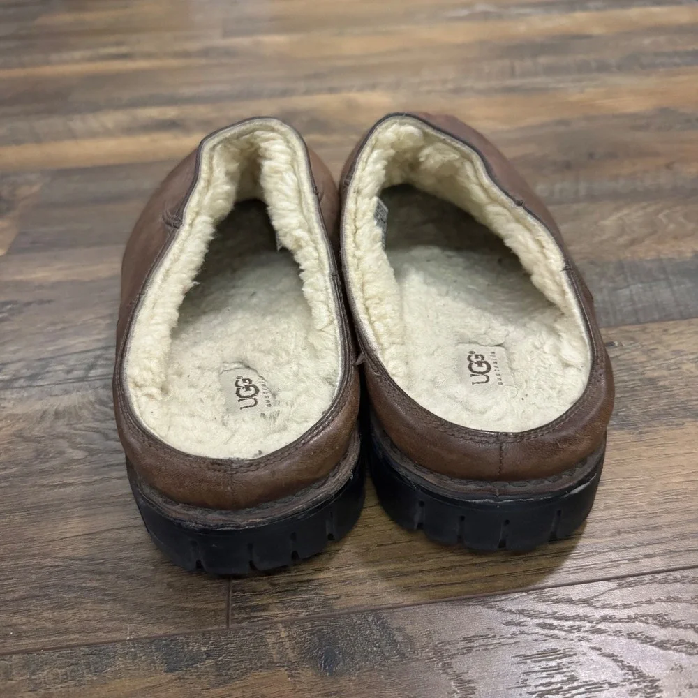 UGG Australia Brown Leather‎ Sheepskin Lined Slip On Mule Clogs Mens 15